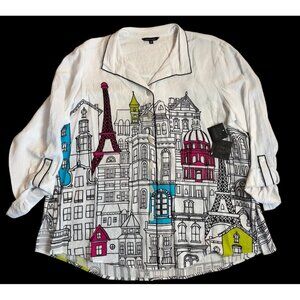 John Mark Size 1X Plus Paris City Scape Button Up Shirt White NWT $119
